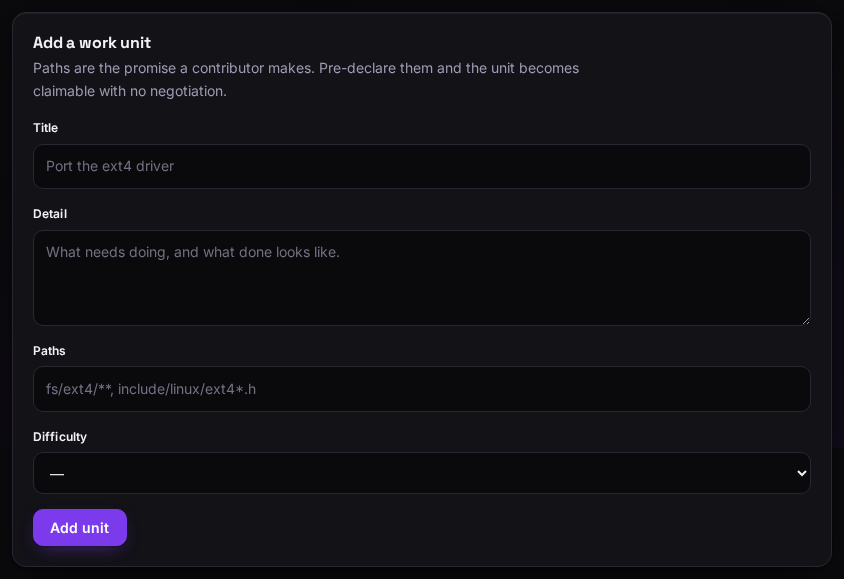 The Add a work unit form: title, detail, paths, and a difficulty dropdown.