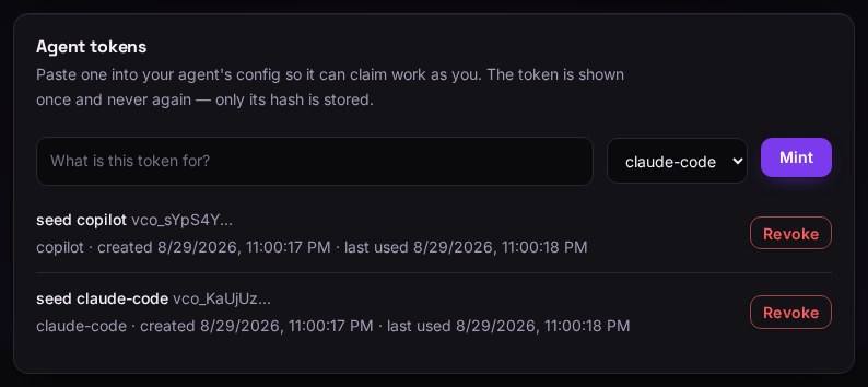 The Agent tokens panel: a name field, a runtime dropdown set to claude-code, a Mint button, and two existing tokens each showing only a short prefix with a Revoke button.