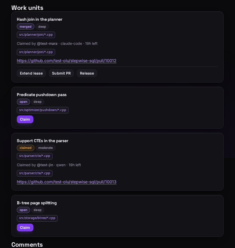 A project's work unit list. One unit is merged, two are open with a Claim button, one is claimed by another user showing the runtime, the lease time remaining and a pull request link.